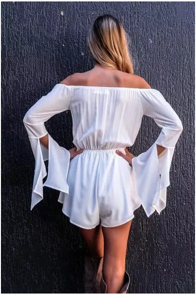 Sexy Slash Neck Off Shoulder Jumpsuit Women Ruffles Long Sleeve Short Pants Romper Overalls White S M L 3