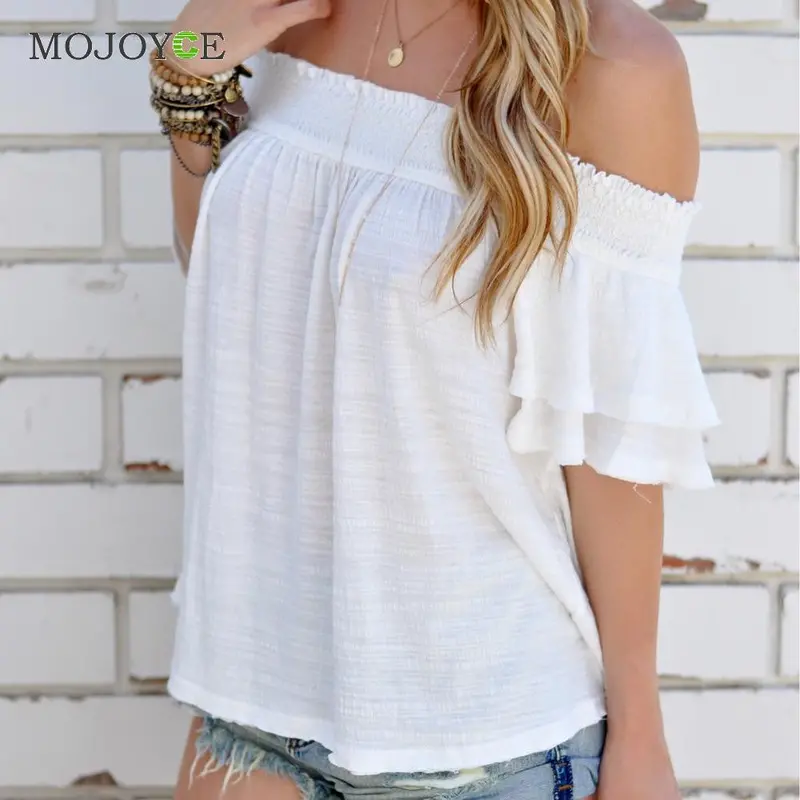 Sexy Slash Neck Ruffles Women Tops Blusa Off Shoulder Beach Style Women Blouses Pure White Tops Shirt Women 3
