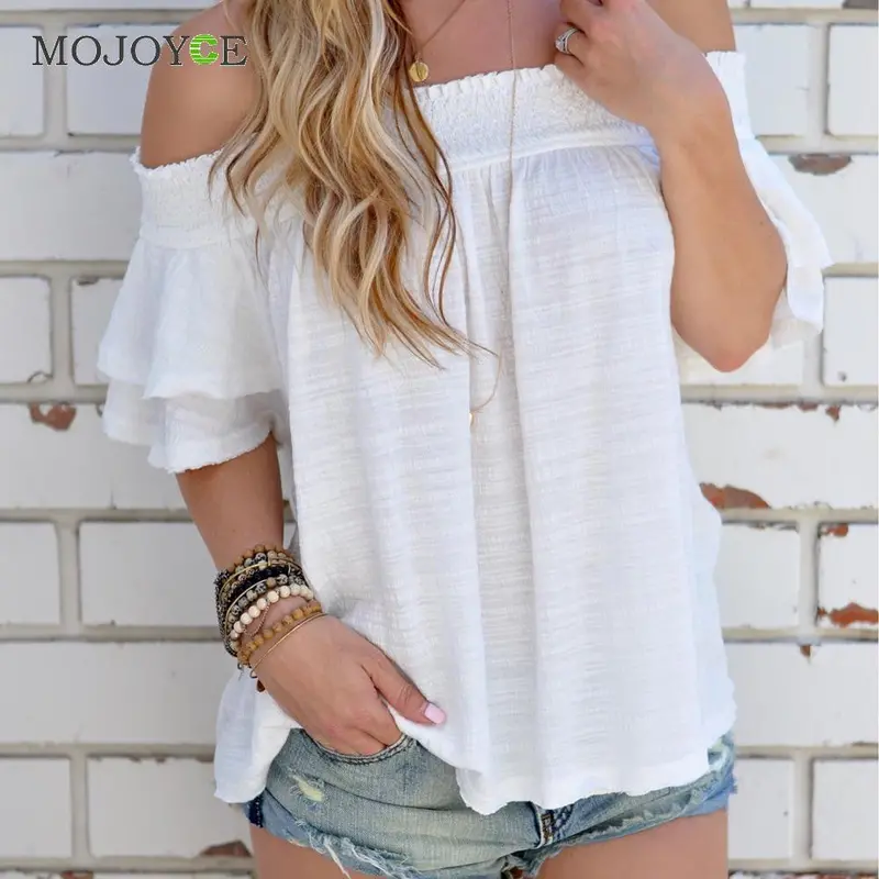 Sexy Slash Neck Ruffles Women Tops Blusa Off Shoulder Beach Style Women Blouses Pure White Tops Shirt Women 4