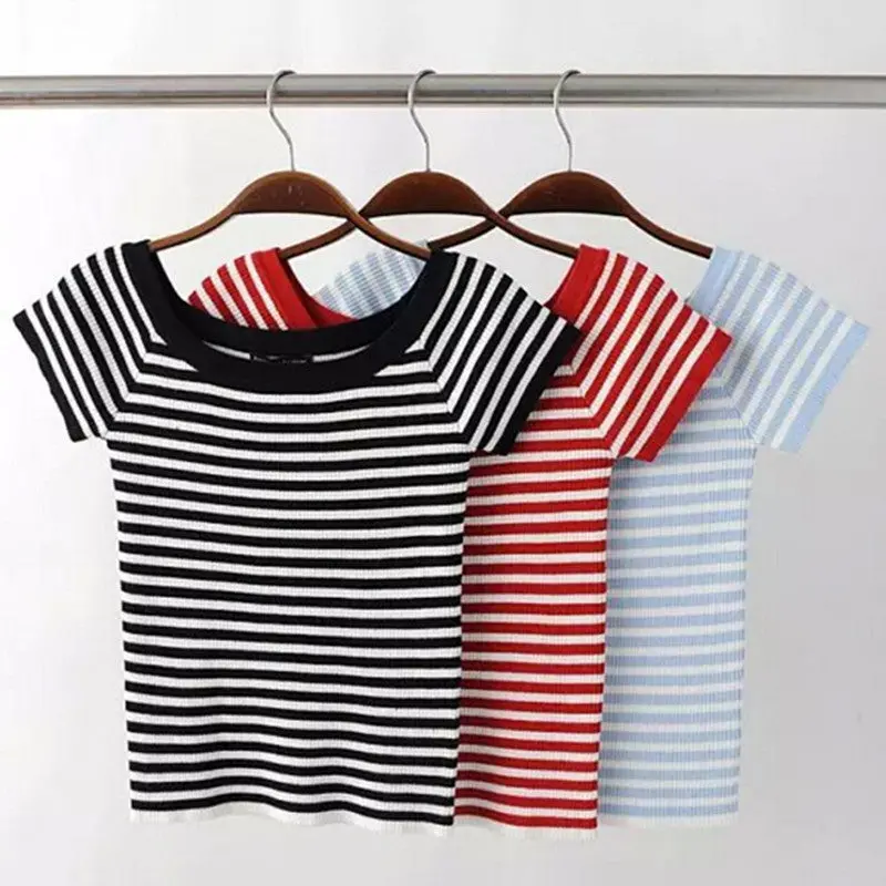 Sexy Slash Neck Striped Tee Women Short Sleeve Knitted Short Tshirt Tee Shirt Femme Camisetas Mujer 3 Colors S M 4