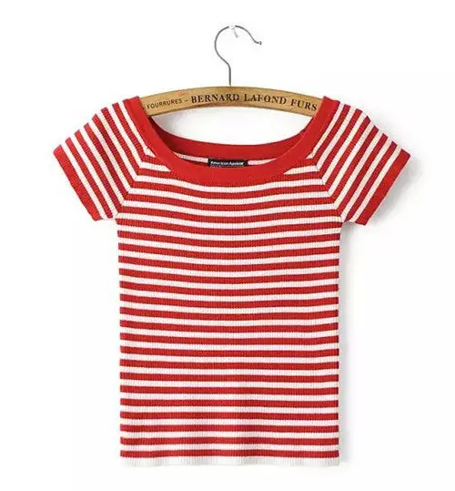 Sexy Slash Neck Striped Tee Women Short Sleeve Knitted Short Tshirt Tee Shirt Femme Camisetas Mujer 3 Colors S M 5