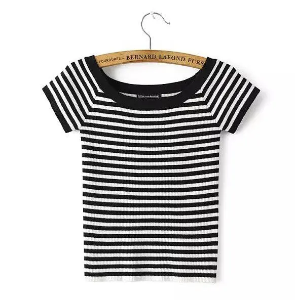 Sexy Slash Neck Striped Tee Women Short Sleeve Knitted Short Tshirt Tee Shirt Femme Camisetas Mujer 3 Colors S M 5