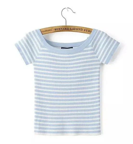 Sexy Slash Neck Striped Tee Women Short Sleeve Knitted Short Tshirt Tee Shirt Femme Camisetas Mujer 3 Colors S M 6