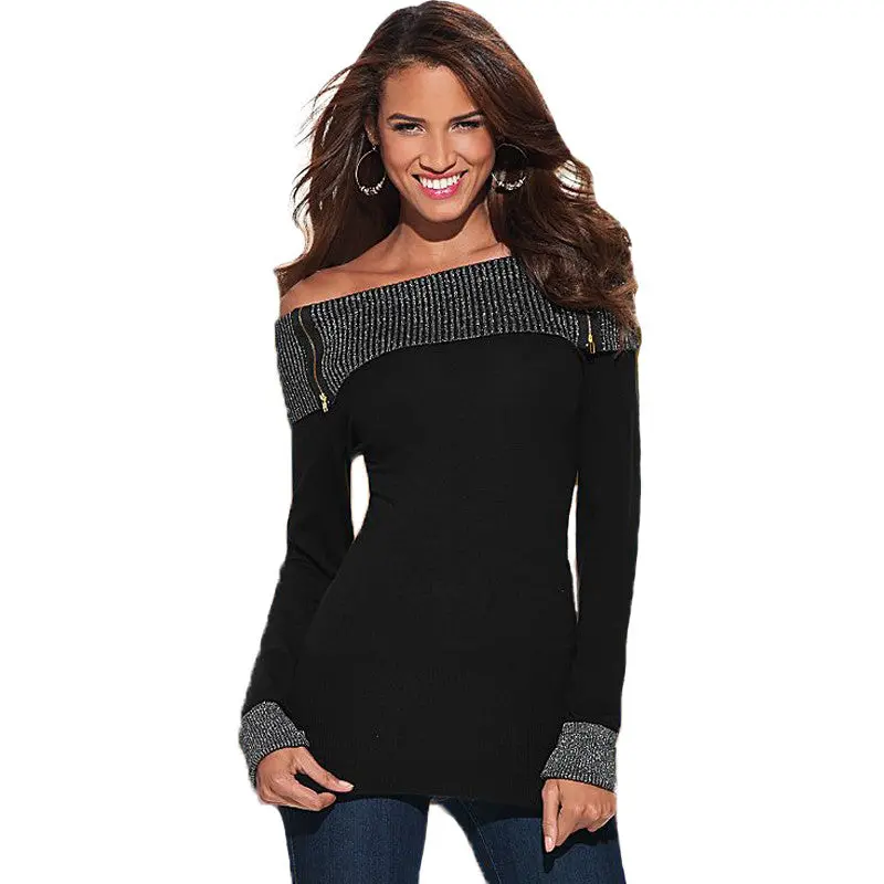 Sexy Slash Neck T Shirt Long Sleeve Slim T-Shirts For Women Black Zipper Decorated T-Shirt Women Casual Top Tees 1