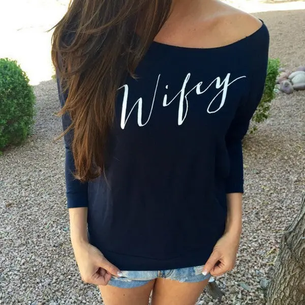 Sexy Slash Neck T Shirts Long Sleeve Letter Print Casual Women T- Shirt 4 Colors Plus Size Women Tees 1