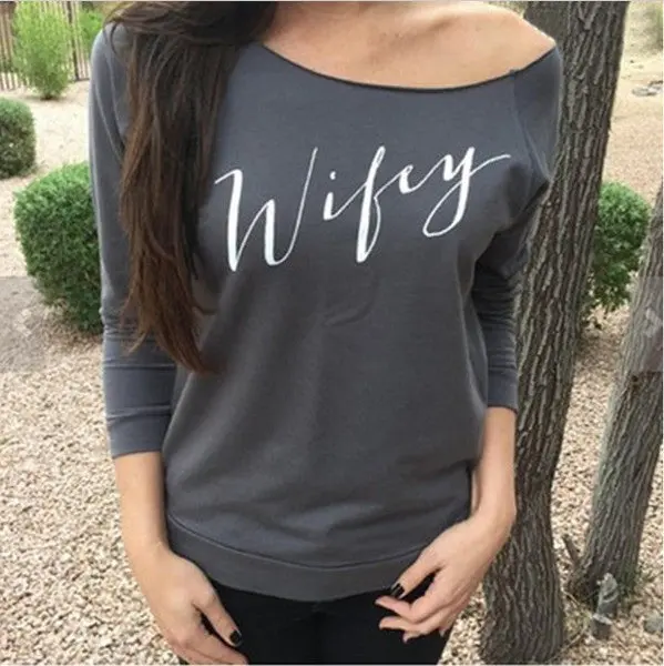 Sexy Slash Neck T Shirts Long Sleeve Letter Print Casual Women T- Shirt 4 Colors Plus Size Women Tees 5