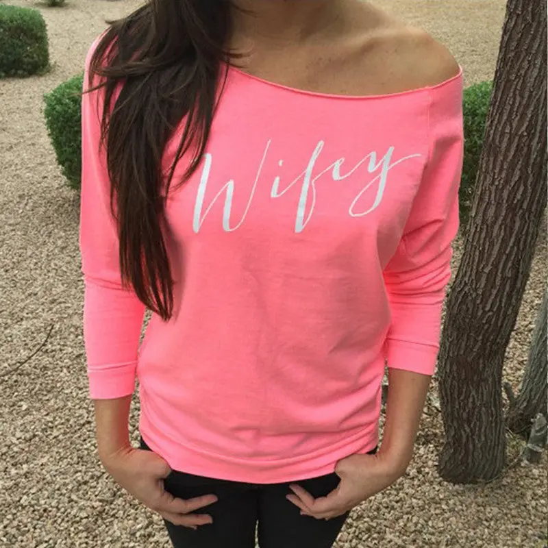 Sexy Slash Neck T Shirts Long Sleeve Letter Print Casual Women T- Shirt 4 Colors Plus Size Women Tees 6