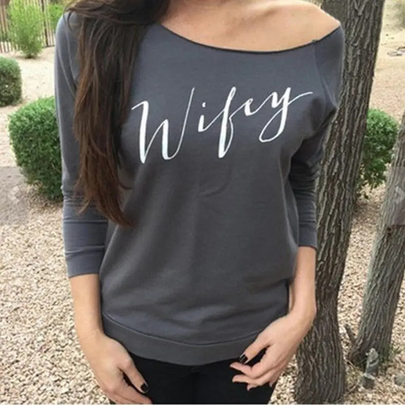 Sexy Slash Neck T Shirts Long Sleeve Letter Print Casual Women T- Shirt 4 Colors Plus Size Women Tees 7