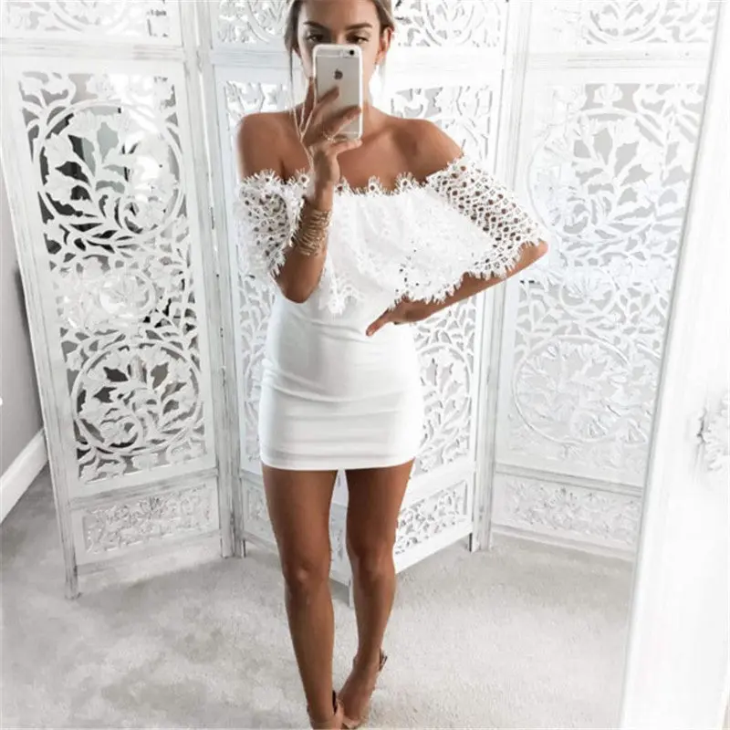Sexy Slash Off Shoulder Party Dress Lace Patchwork Strapless Dress Women Slim White Lace Dress Sexy Bodycon Dress Mini 1