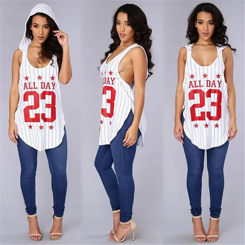 Sexy Sleeveless T Shirt With Hood Number 23 Letter Print Long Baseball T Shirt Women Irregular Tee Shirt Femme 1