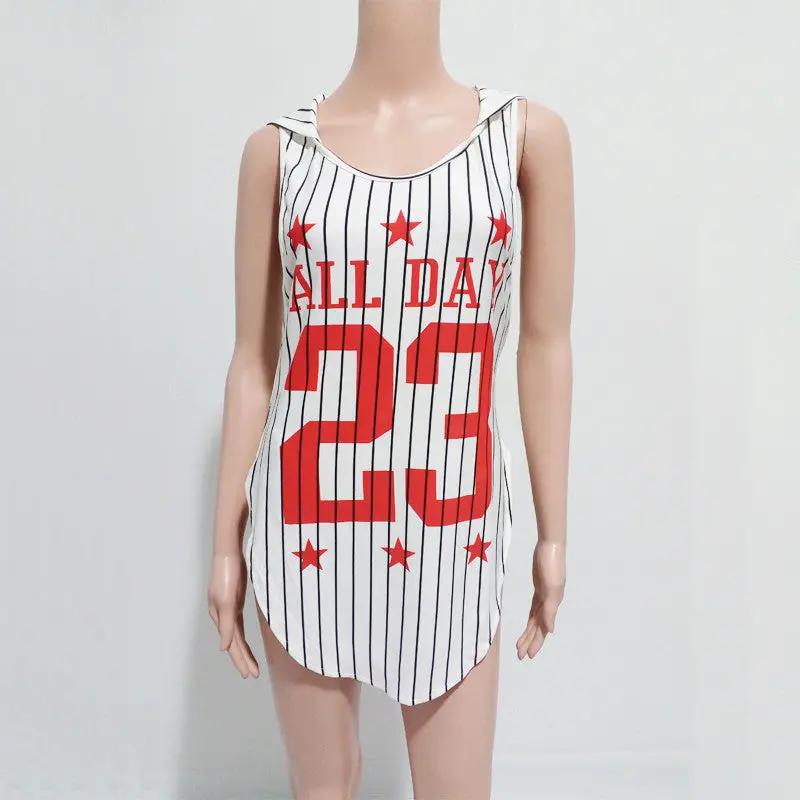 Sexy Sleeveless T Shirt With Hood Number 23 Letter Print Long Baseball T Shirt Women Irregular Tee Shirt Femme 2