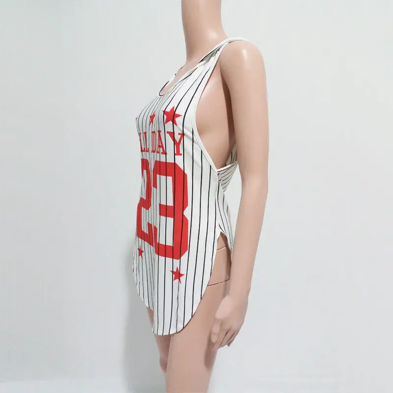 Sexy Sleeveless T Shirt With Hood Number 23 Letter Print Long Baseball T Shirt Women Irregular Tee Shirt Femme 3