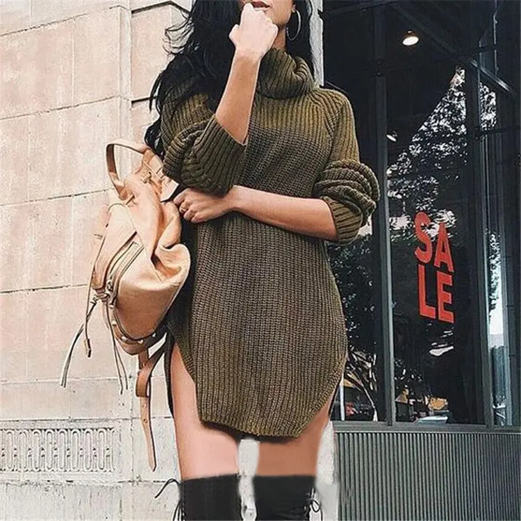 Sexy Solid Long Sleeved Knitted Women's Shirt Plus Size Turtle Neck Side Split Sweater Pullovers Tops Lx226 1