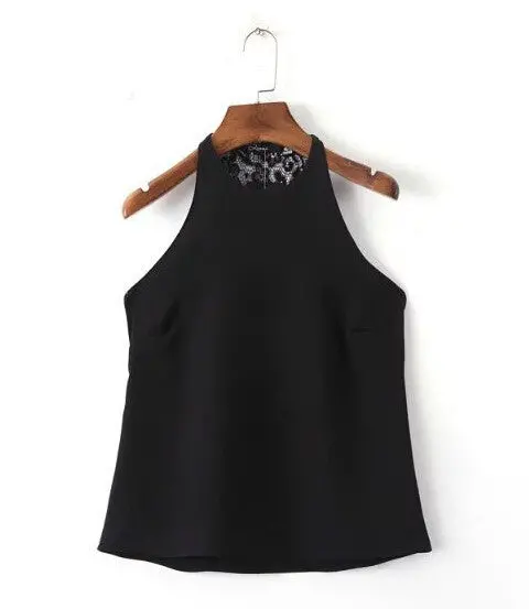 Sexy Spliced Lace Backless Halter Pullover Tanks Women Sleeveless O Neck Short Tee Camis Loose Femme Crop Top Black 1