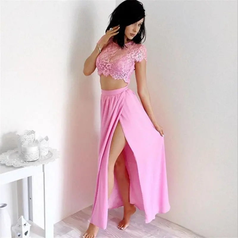 Sexy Split Maxi Dress 3 Piece Set Women Dress Pink White Lace Beach Dress Crochet Party Dresses Women Outfits 1