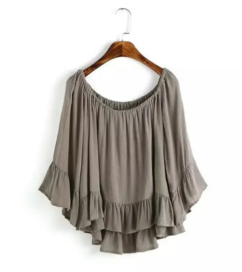 Sexy Strapless Off Shoulder Elastic Slash Neck Ruffles Hem Cotton Linen Pullover Shirt Vintage Women's Tee Shirt Blouse Tops 4