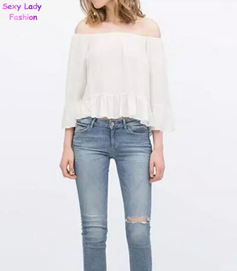 Sexy Strapless Off Shoulder Elastic Slash Neck Ruffles Hem Cotton Linen Pullover Shirt Vintage Women's Tee Shirt Blouse Tops 4