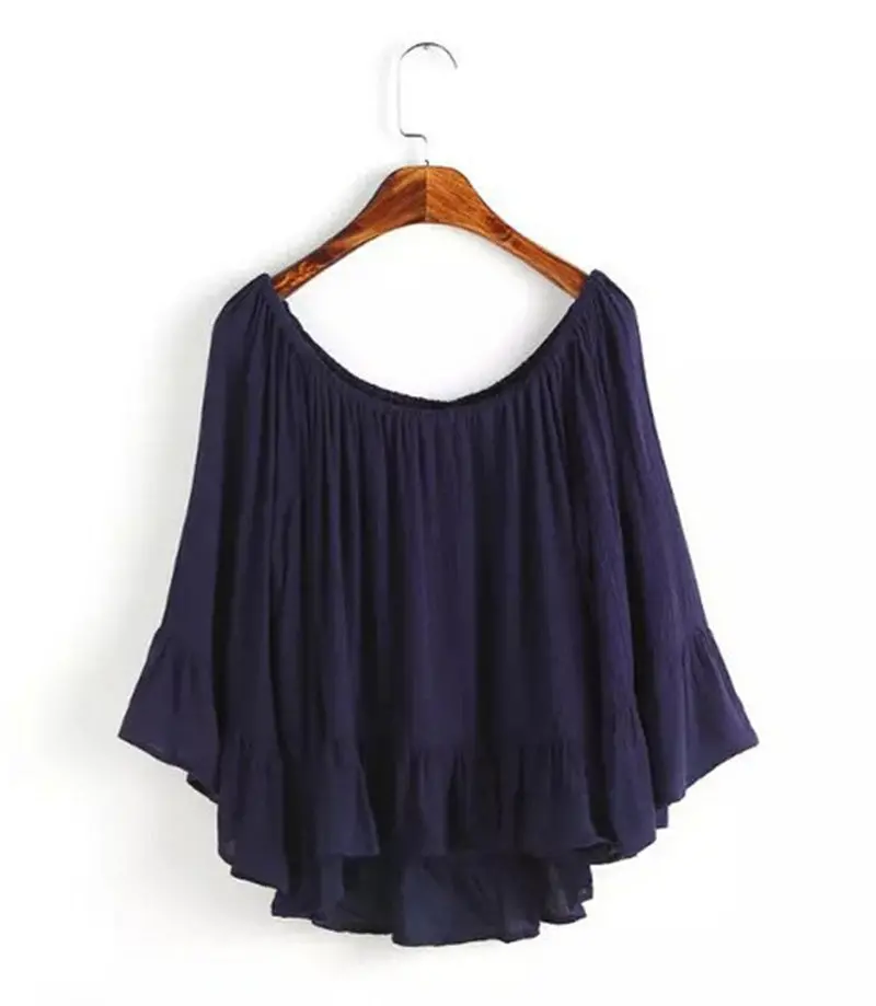 Sexy Strapless Off Shoulder Elastic Slash Neck Ruffles Hem Cotton Linen Pullover Shirt Vintage Women's Tee Shirt Blouse Tops 5