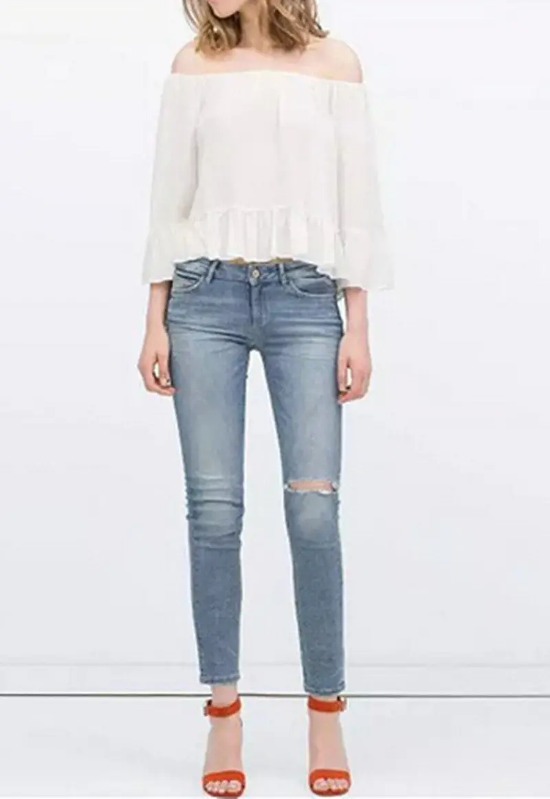 Sexy Strapless Off Shoulder Elastic Slash Neck Ruffles Hem Cotton Linen Pullover Shirt Vintage Women's Tee Shirt Blouse Tops 6