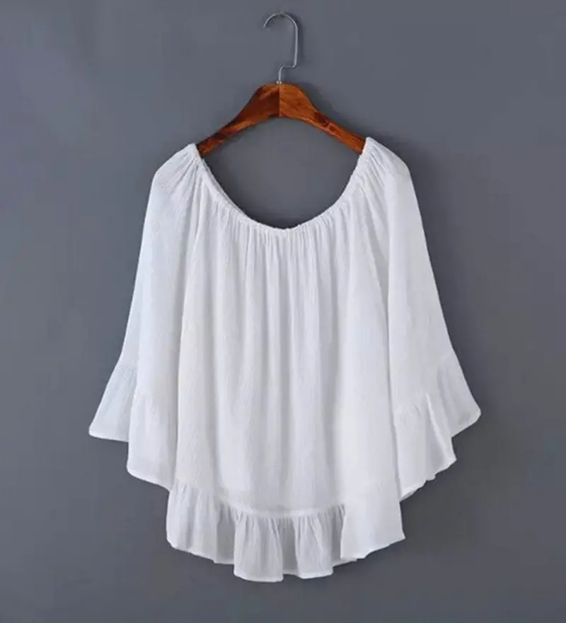 Sexy Strapless Off Shoulder Elastic Slash Neck Ruffles Hem Cotton Linen Pullover Shirt Vintage Women's Tee Shirt Blouse Tops 7