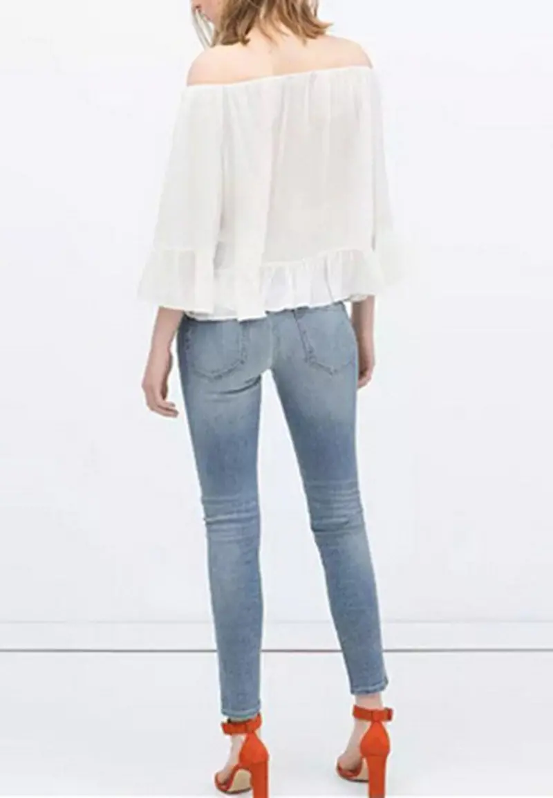 Sexy Strapless Off Shoulder Elastic Slash Neck Ruffles Hem Cotton Linen Pullover Shirt Vintage Women's Tee Shirt Blouse Tops 7