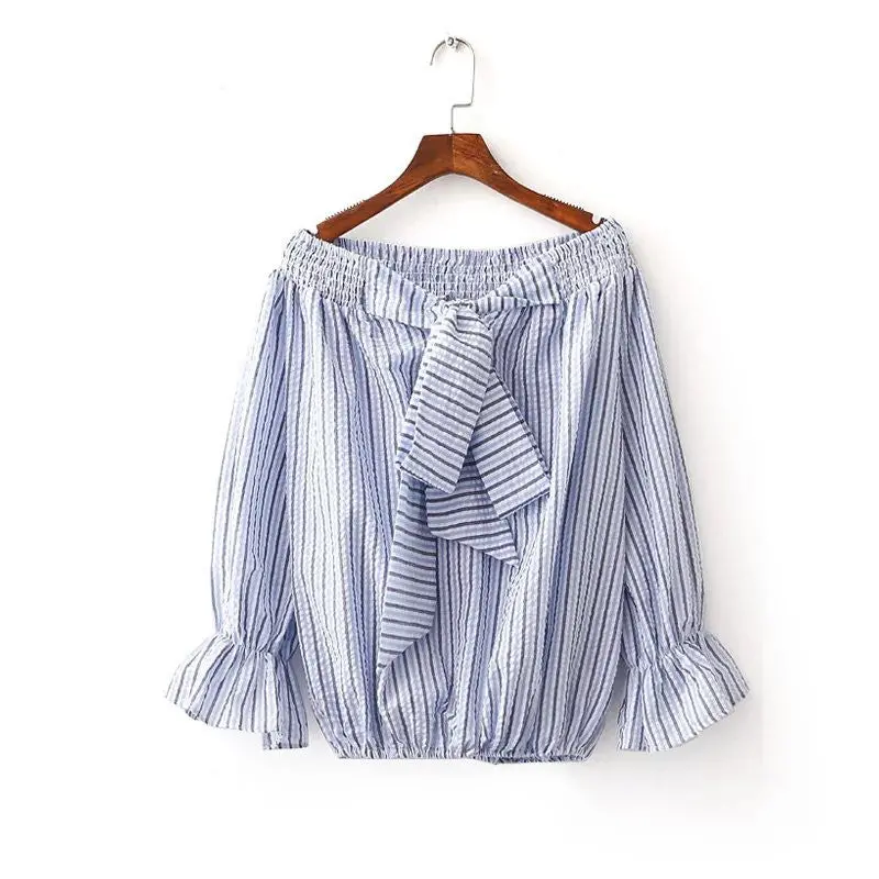 Sexy Striped Off Shoulder Tops Street Shoot Slash Neck Blouses And Shirts Women Lantern Sleeve Loose Women Tops 1
