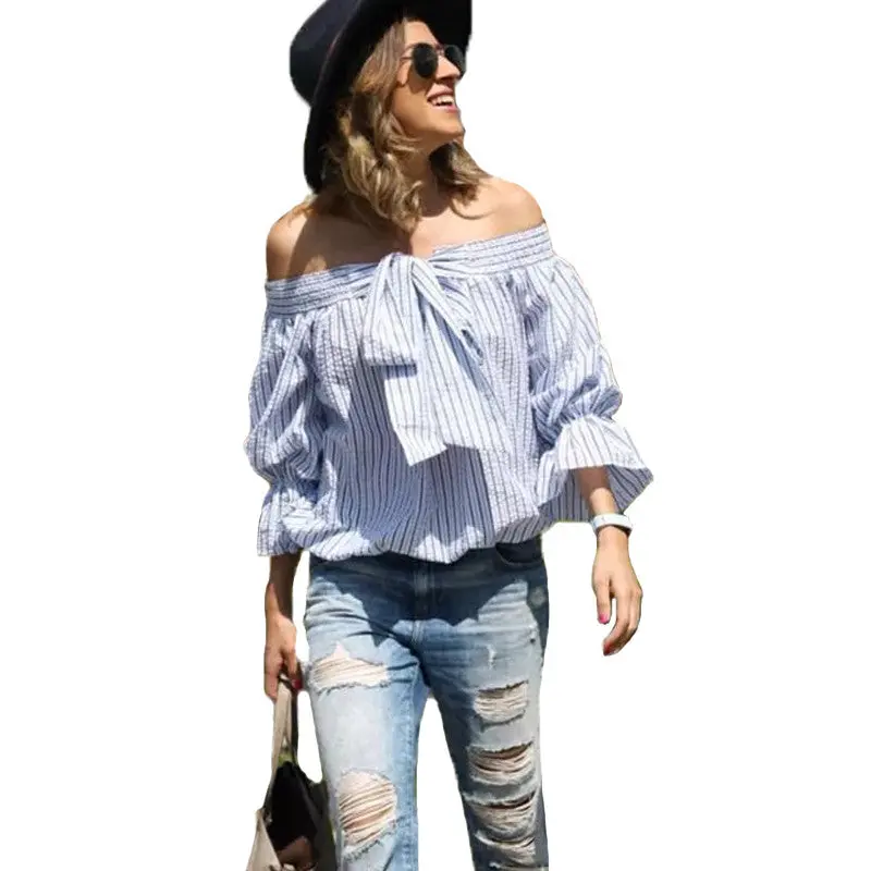 Sexy Striped Off Shoulder Tops Street Shoot Slash Neck Blouses And Shirts Women Lantern Sleeve Loose Women Tops 2