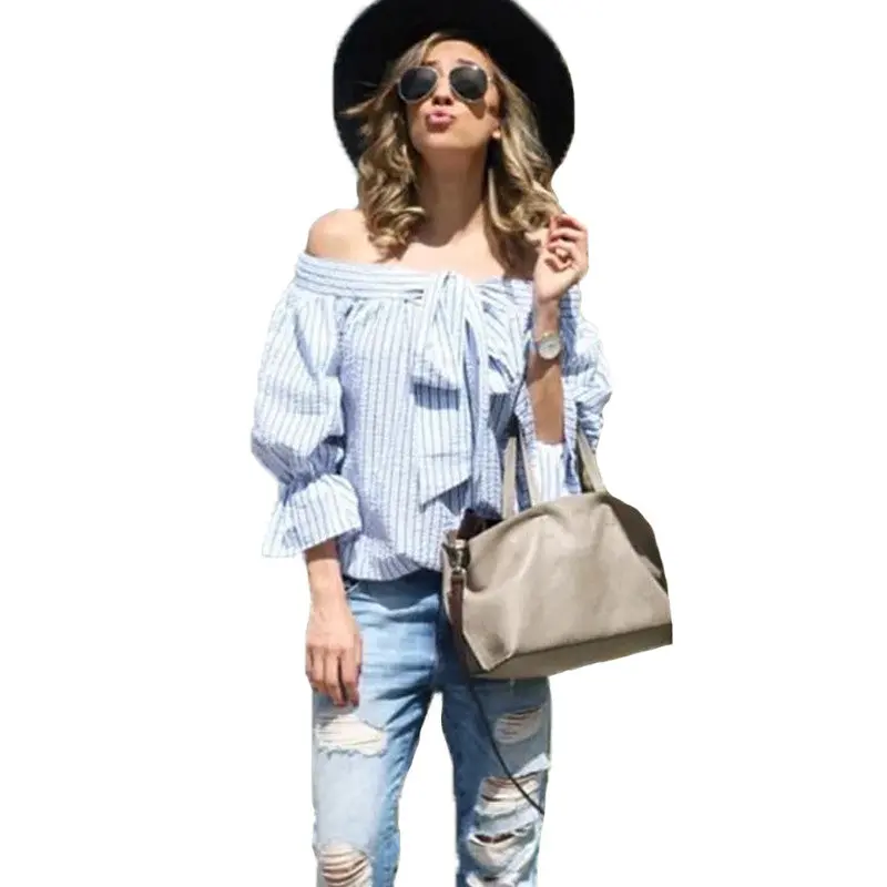 Sexy Striped Off Shoulder Tops Street Shoot Slash Neck Blouses And Shirts Women Lantern Sleeve Loose Women Tops 3