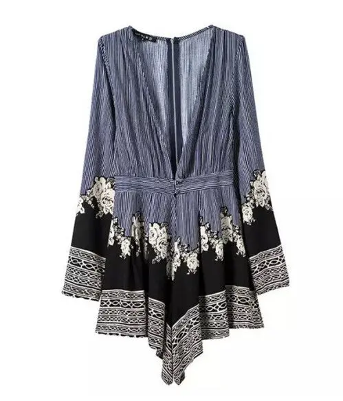 Sexy Striped Print Flower Deep V Neck Short Jumpsuit Contrast Color Long Sleeve Slim Fit Rompers Playsuit 1