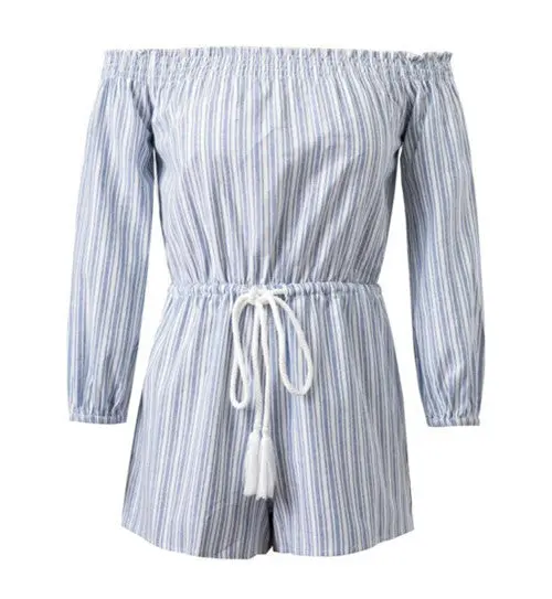 Sexy Striped Print Slash Neck Off Shoulder Jumpsuit Women Drawstring Waist Long Sleeve Short Pants Romper Overalls 1