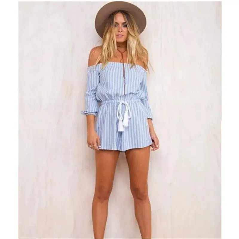 Sexy Striped Print Slash Neck Off Shoulder Jumpsuit Women Drawstring Waist Long Sleeve Short Pants Romper Overalls 2