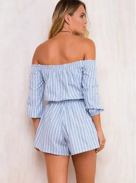 Sexy Striped Print Slash Neck Off Shoulder Jumpsuit Women Drawstring Waist Long Sleeve Short Pants Romper Overalls 3