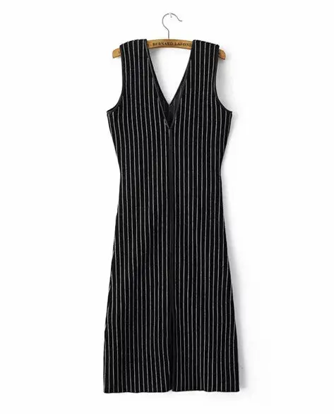 Sexy Striped V Neck Backless Bodycon Sleeveless Dress Women Split Front Hem Package Hips Slim Fit Mid Long Dresses 1