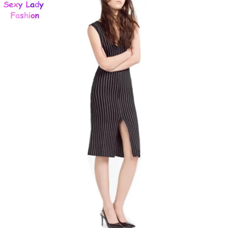 Sexy Striped V Neck Backless Bodycon Sleeveless Dress Women Split Front Hem Package Hips Slim Fit Mid Long Dresses 2