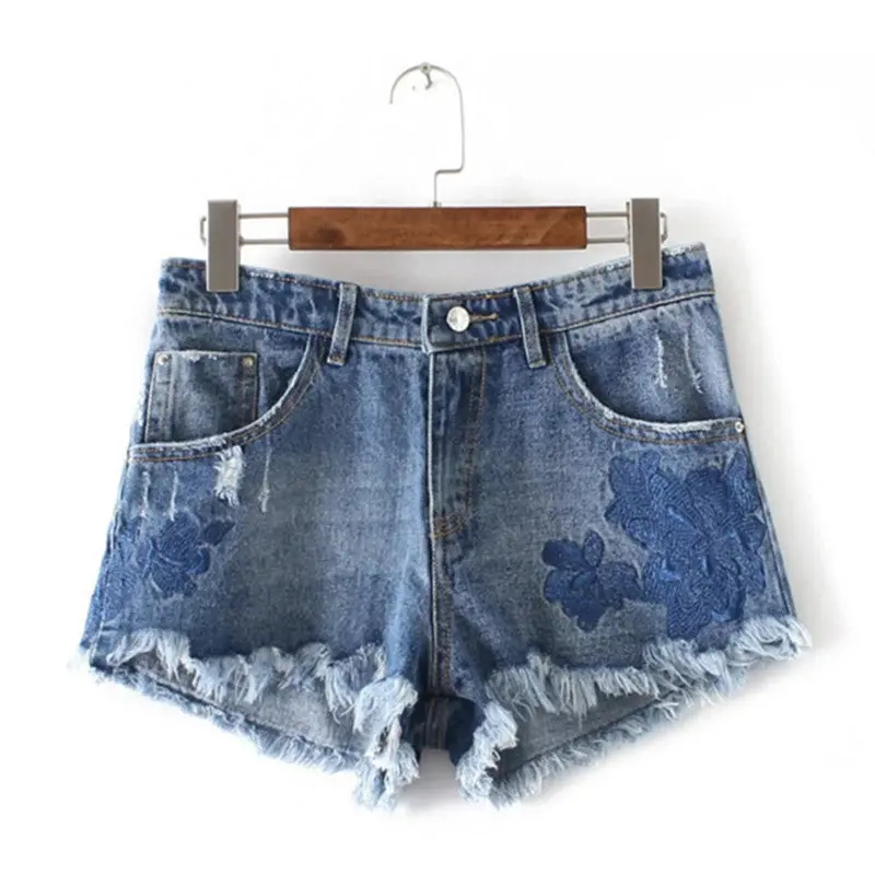 Sexy Tassel Edges Embroidery Flower Denim Short Jeans Women Washed Frayed Shorts Light Blue Short Pants Trousers S M L 1