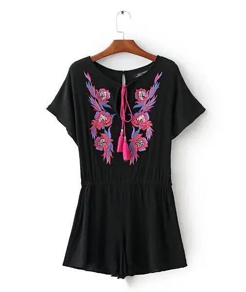 Sexy Tassel Lacing Up O Neck Embroidery Jumpsuit Women Short Sleeve Elastic Waist Short Pants Romper Overalls Black 1