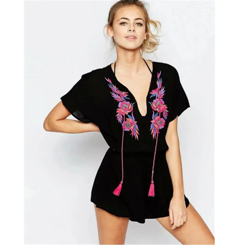 Sexy Tassel Lacing Up O Neck Embroidery Jumpsuit Women Short Sleeve Elastic Waist Short Pants Romper Overalls Black 2
