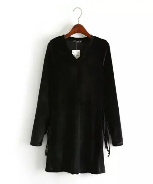 Sexy Tassel Patchwork Long Sleeve Velour Dress Retro Velvet V Neck Dresses Femme Sin Respaldo Skate Vestidos Black S M L 1