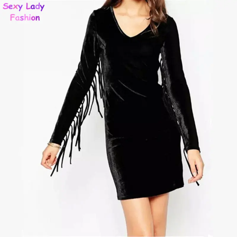 Sexy Tassel Patchwork Long Sleeve Velour Dress Retro Velvet V Neck Dresses Femme Sin Respaldo Skate Vestidos Black S M L 2