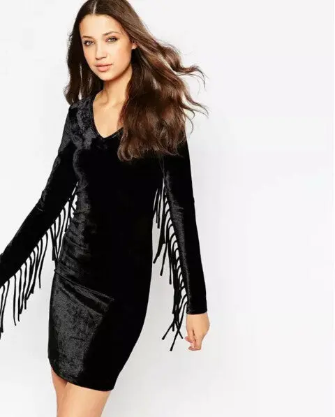 Sexy Tassel Patchwork Long Sleeve Velour Dress Retro Velvet V Neck Dresses Femme Sin Respaldo Skate Vestidos Black S M L 3