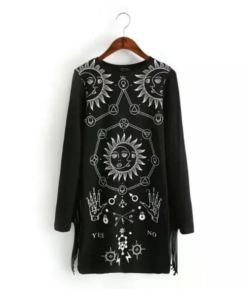Sexy Tassel Patchwork Printing Long Sleeve Dress Retro Fringed O Neck Package Hips Short Pencil Dresses Femme Vestidos Black 1