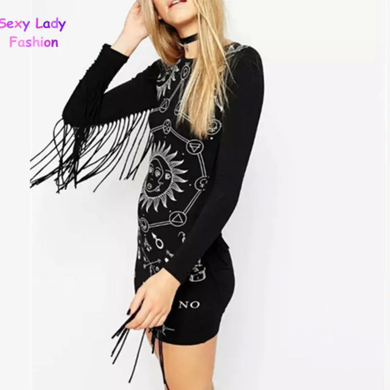 Sexy Tassel Patchwork Printing Long Sleeve Dress Retro Fringed O Neck Package Hips Short Pencil Dresses Femme Vestidos Black 2