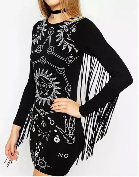 Sexy Tassel Patchwork Printing Long Sleeve Dress Retro Fringed O Neck Package Hips Short Pencil Dresses Femme Vestidos Black 3