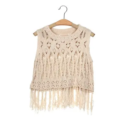Sexy Tops For Women Women Beach Loose Hollow Tassel Knit Crop Top Sleeveless Vest Top Tees 1