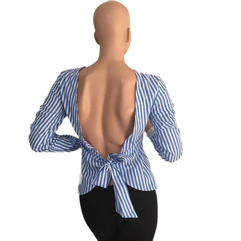 Sexy Tops Ladies Women Backless Striped Long Sleeve Blusa Loose Casual Elegent T Shirt Tops 5