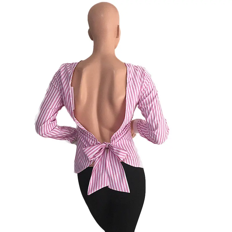 Sexy Tops Ladies Women Backless Striped Long Sleeve Blusa Loose Casual Elegent T Shirt Tops 6