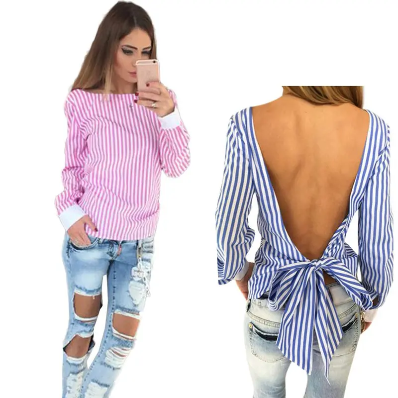 Sexy Tops Ladies Women Backless Striped Long Sleeve Blusa Loose Casual Elegent T Shirt Tops 8