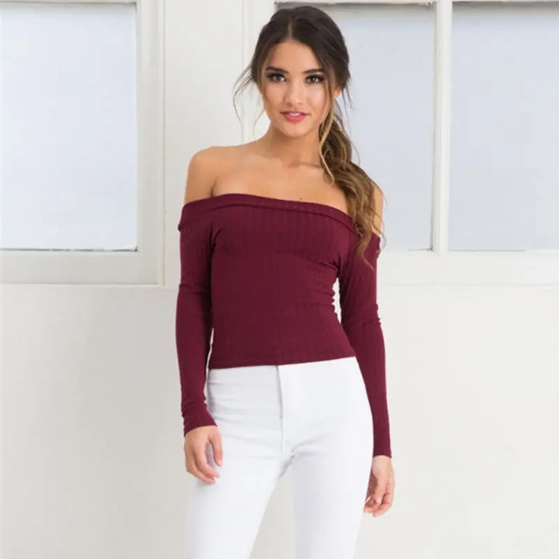 Sexy Tops Women Slash Neck Crop Top Long Sleeve Off Shoulder Top Tees For Women Tight Cropped Top 10
