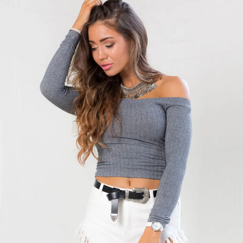 Sexy Tops Women Slash Neck Crop Top Long Sleeve Off Shoulder Top Tees For Women Tight Cropped Top 6
