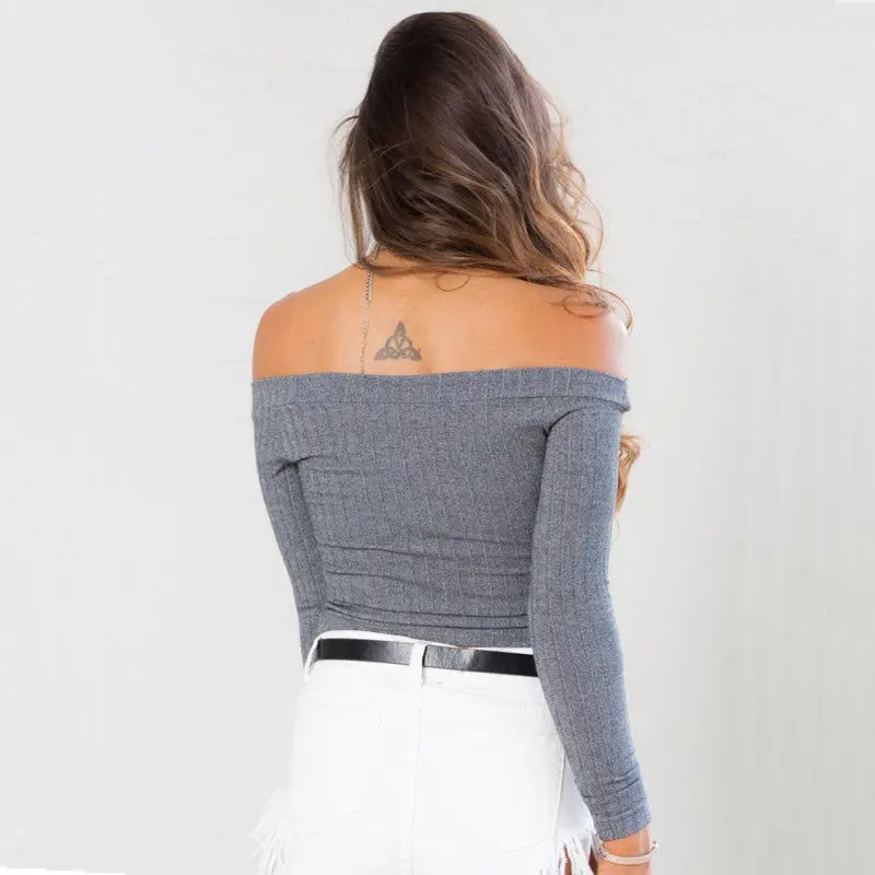 Sexy Tops Women Slash Neck Crop Top Long Sleeve Off Shoulder Top Tees For Women Tight Cropped Top 7